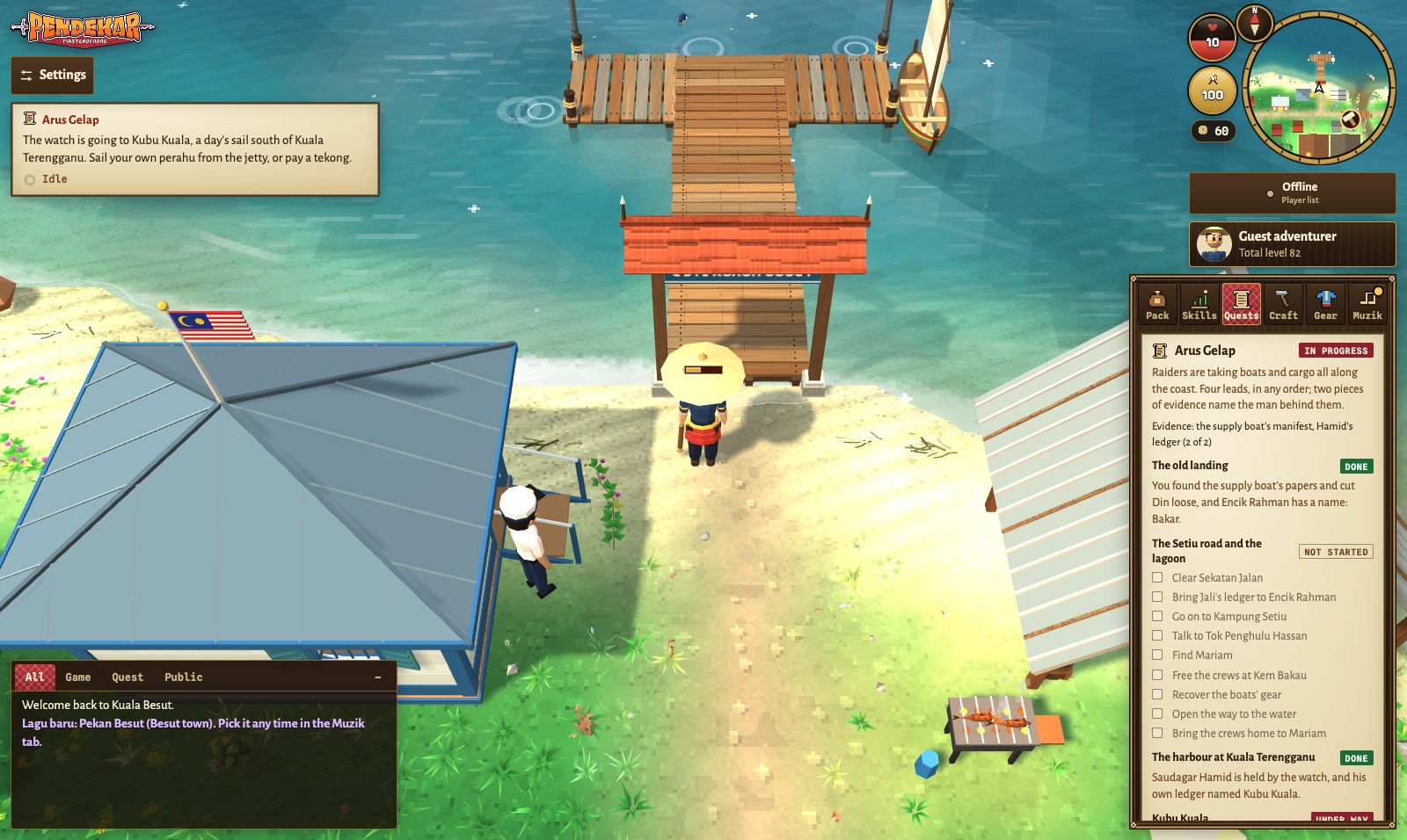 The Arus Gelap Quests tab shows the four leads and gathered evidence at Kuala Besut.