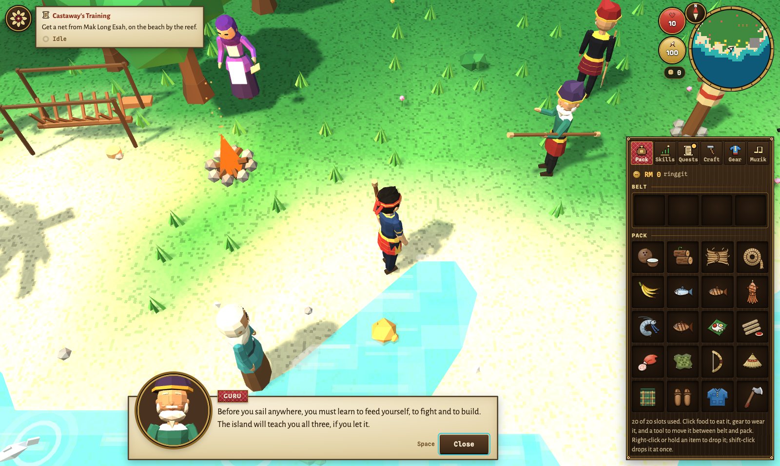 Guru explains the island training on the beach while the Castaway’s Training tracker is visible.
