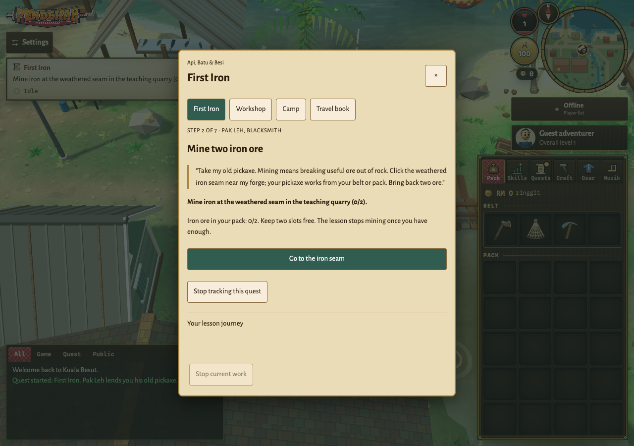 The First Iron quest panel asks the player to mine two iron ore at Pak Leh’s teaching quarry.