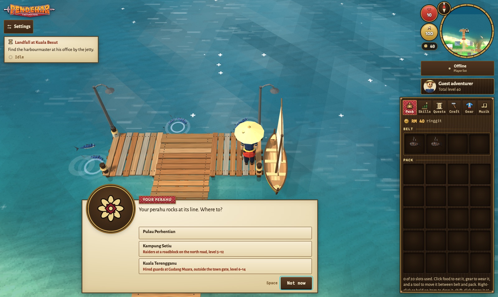 At the Kuala Besut jetty, the perahu and the Landfall quest tracker are visible.