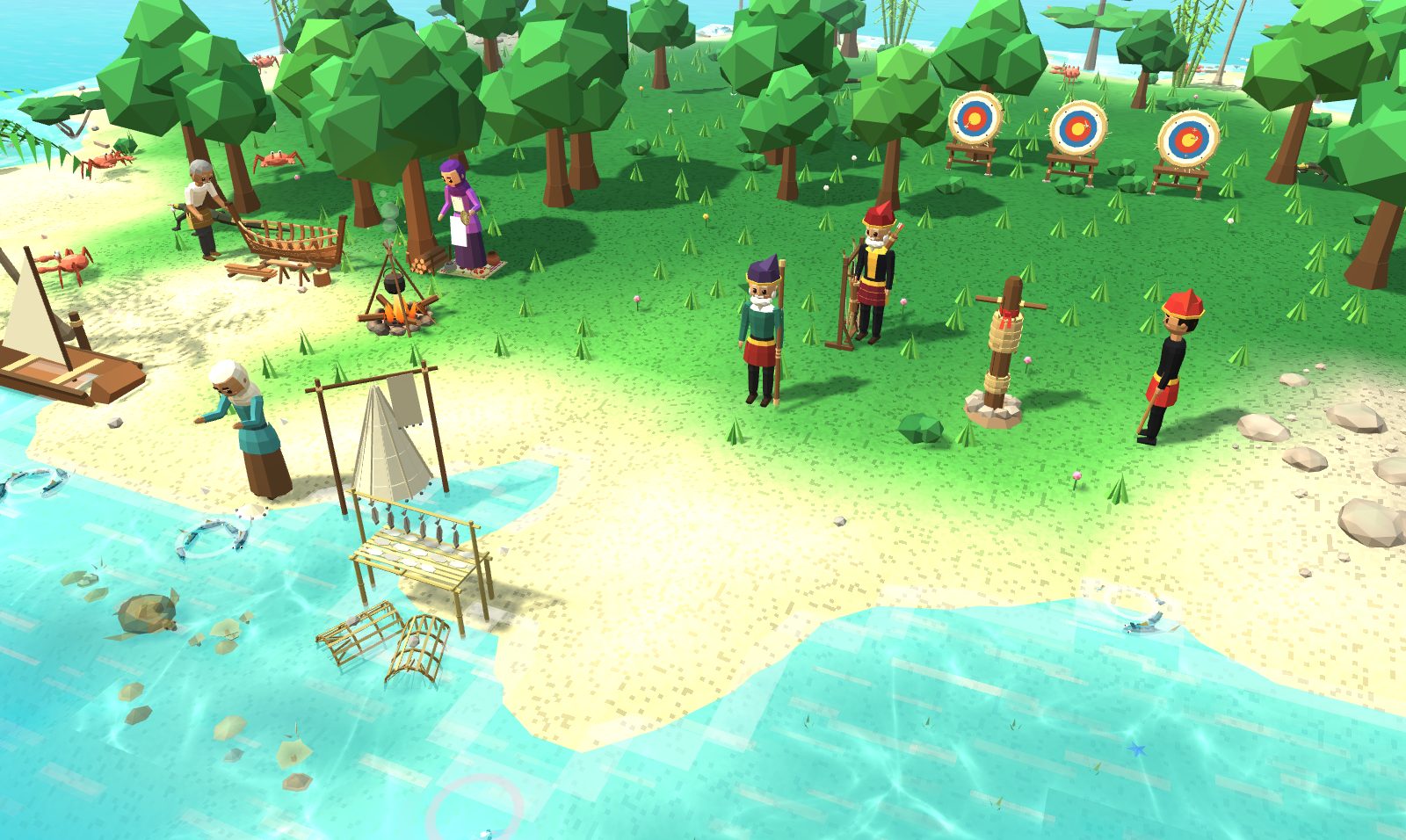 The Perhentian teachers’ camp, with the fishing net, cooking fire, boatyard, training post and archery targets.