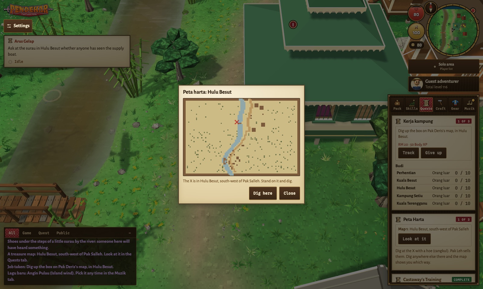 The in-game Peta Harta map marks a red X beside the river in Hulu Besut.